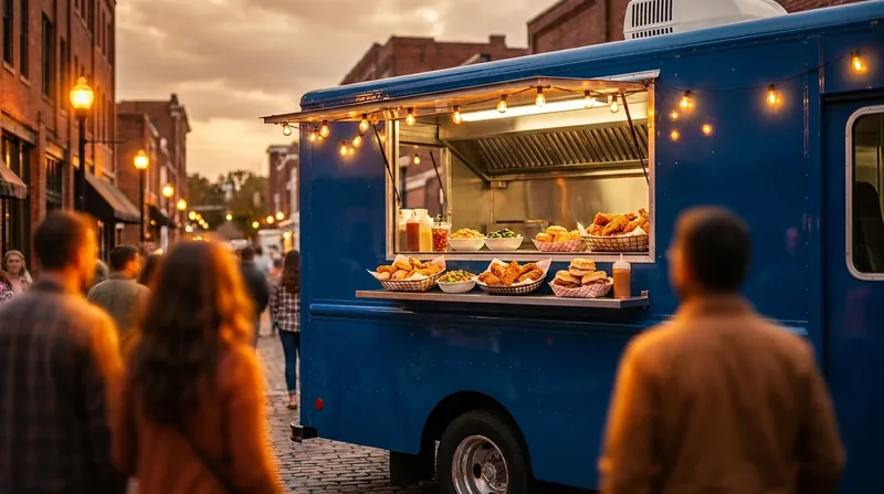 Customers lining up at a food truck window at dusk, how to Start a Food Truck Business in Texas