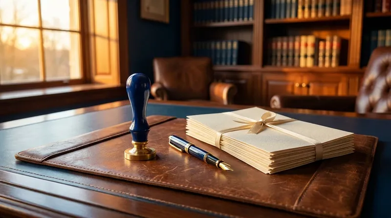 Notary seal, pen and documents on a leather desk pad, Texas PLLC