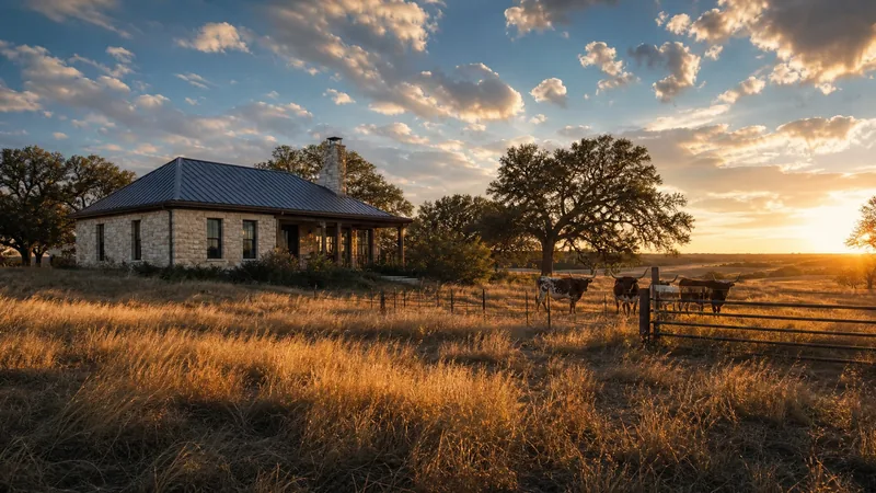 Limestone ranch house and cattle gate in the Hill Country, Texas Agricultural Exemption