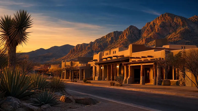 Desert-edge commercial street with adobe-style buildings and mountains at dusk, Laredo Business License