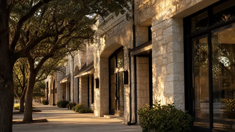 Central Texas limestone storefront row and live oaks in warm light, Travis County DBA
