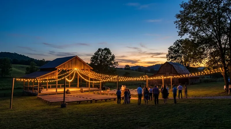Open-air event pavilion strung with lights at dusk, Texas Hotel Occupancy Tax