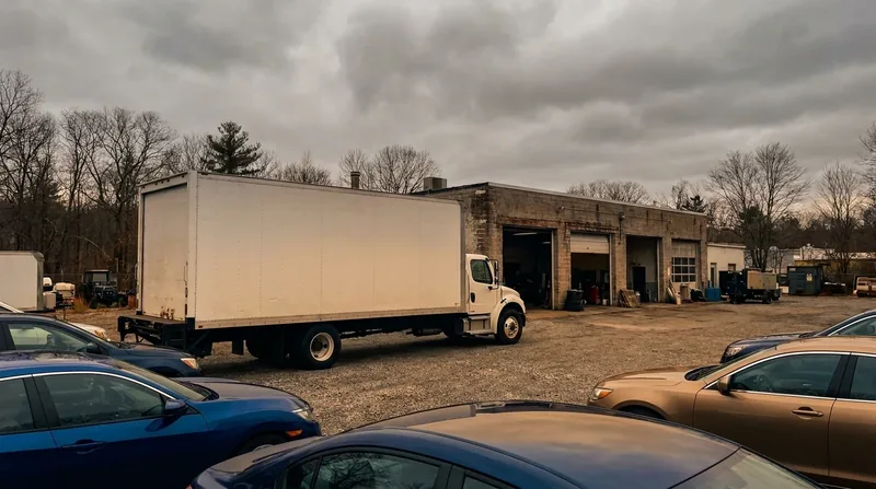 Box truck and parked cars outside a small auto business lot, how to Start a Medical Transportation (NEMT) Business in Texas
